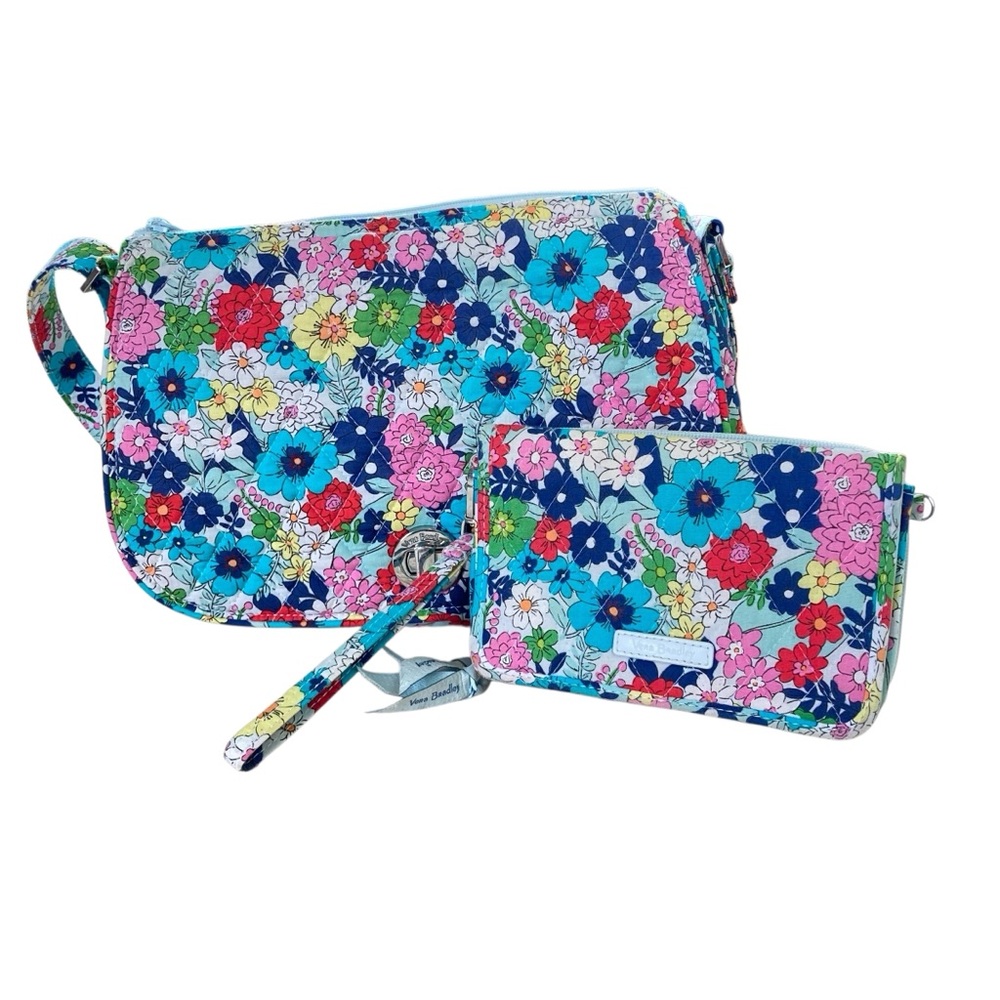 Vera Bradley Saddle Crossbody Shoulder Bag & RFID 3-in-1 Wristlet Far Out Floral